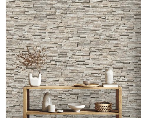 Intérieur avec mur aspect pierre et décoration sur une étagère en bois