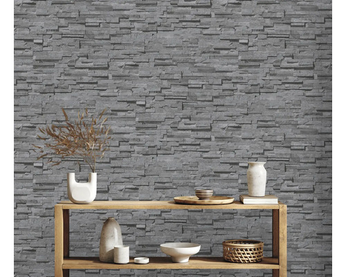 Papier peint photo aspect pierre avec étagère et décoration