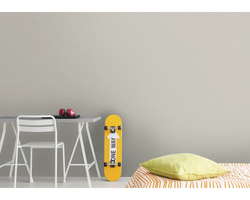 Chambre de jeunes avec bureau, chaise, skateboard et lit