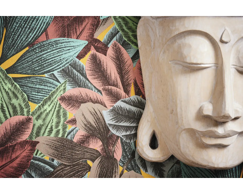 Papier peint motif feuilles et tête de Bouddha
