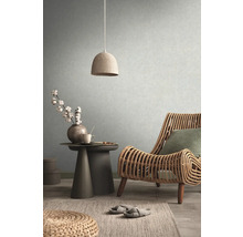 Wohnzimmer mit Rattansessel, Beistelltisch, Zimmerpflanze und Hängelampe für eine gemütliche Atmosphäre
