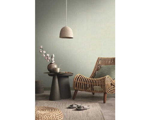 Décoration de salon avec fauteuil en rotin, table d''appoint, suspension et tapis