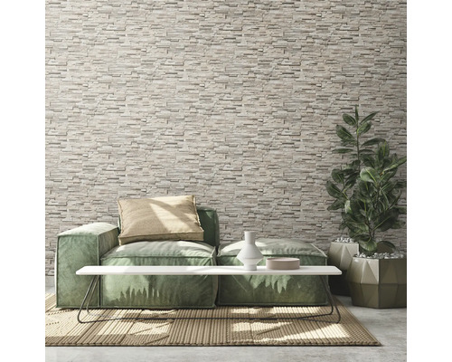 Salon avec mur en pierre, canapé, table et plante en pot