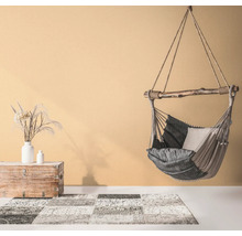 Hängesessel mit Kissen, Teppich mit Muster und Holztruhe mit Vasen in einem hellen Raum.