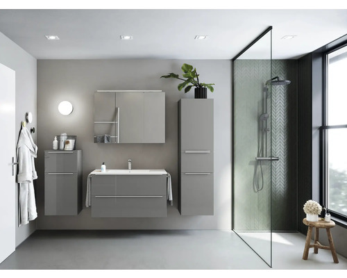 Salle de bains moderne avec meubles de salle de bains gris, douche et lavabo