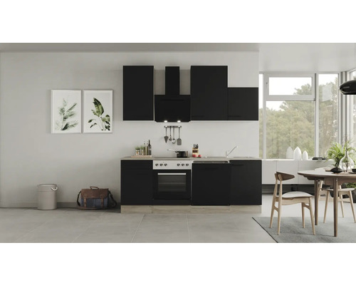 Flex Well Küchenzeile mit Geräten Capri 220 cm Frontfarbe schwarz matt Korpusfarbe wildeiche zerlegt