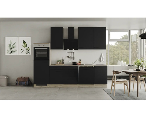 Bloc cuisine complète équipée Flex Well Capri 280 cm façade noir mate, corps chêne sauvage variante réversible démonté