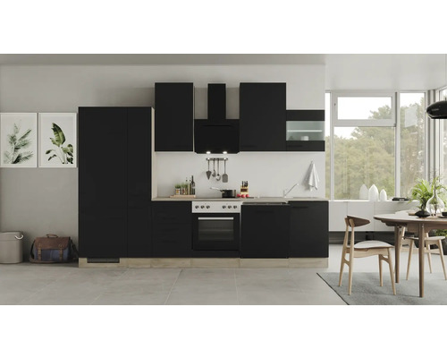 Bloc cuisine complète équipée Flex Well Capri 310 cm façade noir mat ,  corps chêne sauvage - HORNBACH Luxembourg