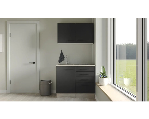 Kitchenette équipée Flex Well Capri 100 cm façade noir mate, corps chêne sauvage variante réversible démonté