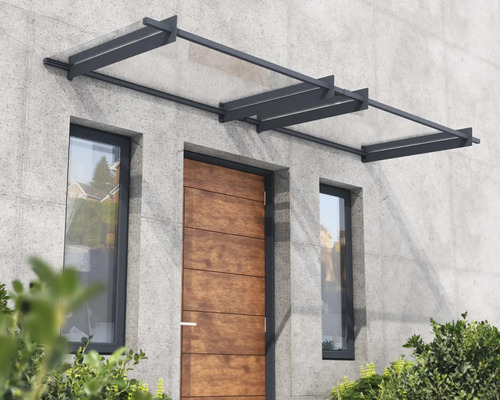 Auvent en appentis Nancy 300x90 cm gris transparent Auvent de porte d'entrée en verre et métal sur une façade de maison