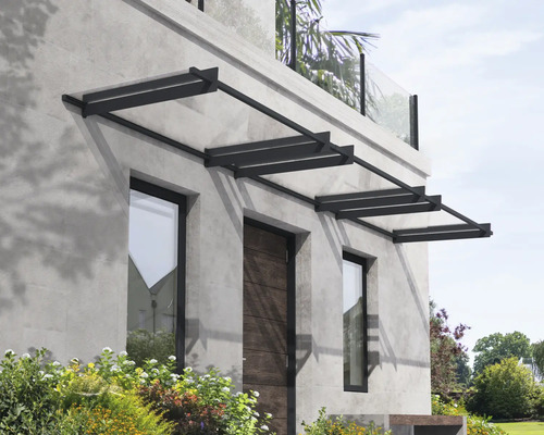 Auvent en appentis Nancy 450x90 cm gris transparent Auvent de porte d'entrée en verre et métal