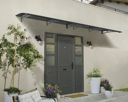 Auvent en appentis Aquila 400x90 cm solaire gris Auvent de porte d'entrée en métal au-dessus d'une porte d'entrée grise avec deux lampes d'extérieur