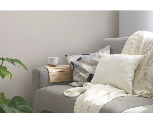 Décoration de salon avec coussins, couverture et plateau de bras de canapé