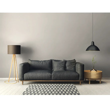Wohnzimmer mit grauem Sofa, Stehlampe, Pendelleuchte und gemustertem Teppich