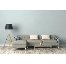 Wohnzimmer mit grauem Ecksofa, Stehlampe und Couchtisch
