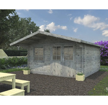 Abri de jardin en bois gris avec fenêtre et double porte
