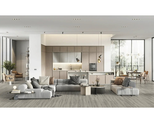 Heller Wohnraum mit Küchenzeile, Essbereich und Sitzgruppe auf Holzboden
