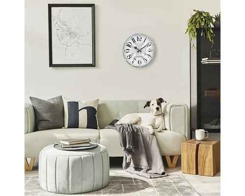 Wohnzimmer mit Sofa, Couchtisch, Wanduhr und Hund