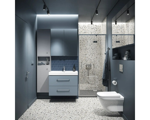 Salle de bains moderne avec meuble sous-lavabo, armoire de toilette, douche et WC suspendu