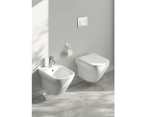 Bidet mural avec robinet et WC suspendu avec support papier toilette et plaque de commande au mur