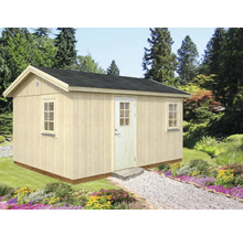 Holzgartenhaus mit Tür und Fenstern im Garten