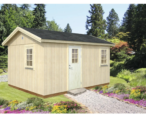 Abri de jardin Palmako Hedwig 13,6 m² 502 x 367 cm naturel Abri de jardin en bois avec porte et fenêtres dans le jardin