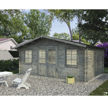 Abri de jardin en bois avec fenêtres et double porte dans le jardin