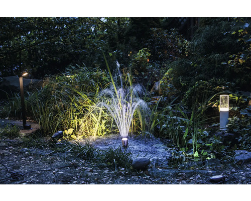 Beleuchteter Garten mit Wasserspiel, Gartenleuchte und Teichpumpe.
