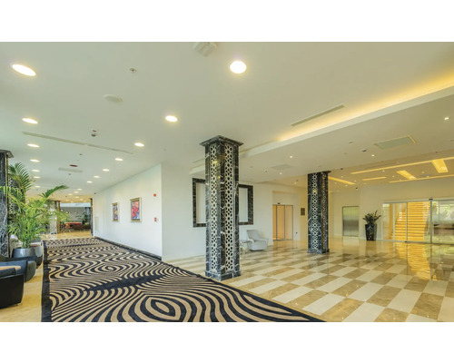 Helle Eingangshalle mit Säulen, Teppich und Schachbrettboden