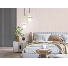 Schlafzimmer mit Bett, Nachttisch, Dekoration und Pendelleuchten für eine helle und organisierte Atmosphäre.