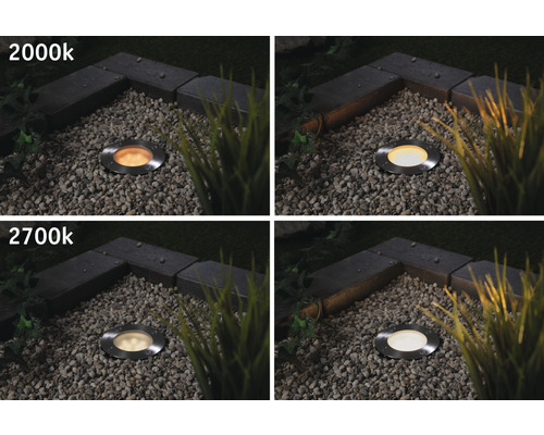 Comparaison de spots encastrables au sol avec 2000 et 2700 Kelvin
