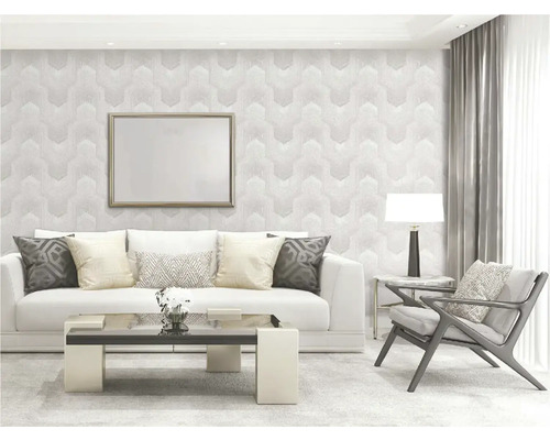 Modernes Wohnzimmer mit Sofa, Sessel, Tisch und gemusterter Tapete