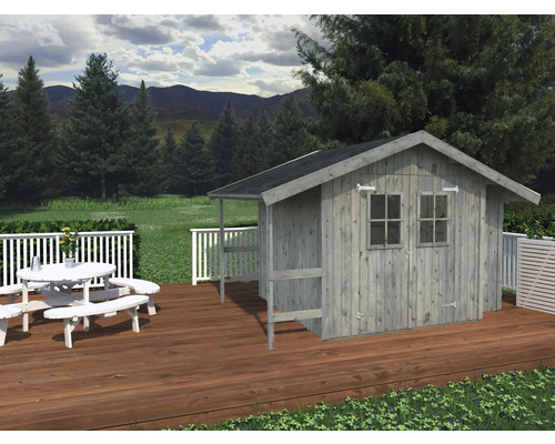 Gerätehaus Palmako Markus 16 mm inkl. Fußboden 384 x 289 cm tauchgrundiert grau Gartenhaus aus Holz mit Terrasse und Sitzgruppe