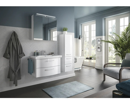 Set de meubles de salle de bains Pelipal Sunline 114 lxhxp 112 x 200 x 46 cm couleur de façade blanc haute brillance set de meubles 4 pièces avec vasque en céramique blanc et meuble sous vasque armoire de toilette avec éclairage LED armoire murale