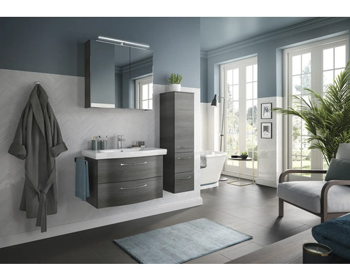 Set meubles de salle de bains Pelipal Sunline 114 lxhxp 112 x 200 x 46 cm couleur de façade graphite structure transversale set meubles 4 pièces avec vasque en céramique blanc et meuble sous vasque armoire de toilette avec éclairage LED armoire murale