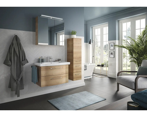 Set de meubles de salle de bains Pelipal Sunline 114 lxhxp 112 x 200 x 46 cm couleur de façade chêne riviera set de meubles 4 pièces avec vasque en céramique blanc et meuble sous vasque armoire de toilette avec éclairage LED armoire murale