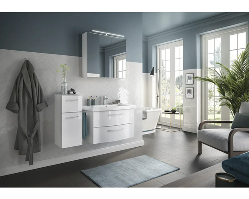 Set de meubles de salle de bains Pelipal Sunline 114 lxhxp 112 x 200 x 46 cm couleur de façade blanc haute brillance set de meubles 4 pièces vasque en céramique blanc et meuble sous vasque armoire de toilette avec éclairage LED meuble bas