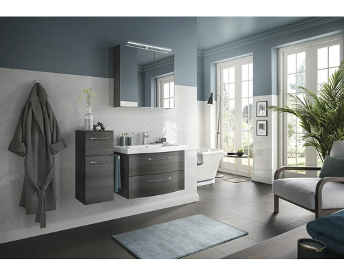 Set de meubles de salle de bains Pelipal Sunline 114 lxhxp 112 x 200 x 46 cm couleur de façade graphite structure transversale set de meubles 4 pièces vasque en céramique blanc et meuble sous vasque armoire de toilette avec éclairage LED meuble bas