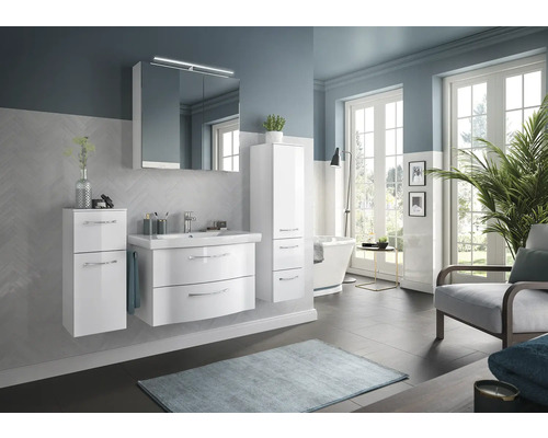 Set meubles salle de bains Pelipal Sunline 114 lxhxp 142 x 200 x 46 cm couleur façade blanc haute brillance set 5 pièces et plus avec vasque en céramique blanc et meuble sous vasque armoire de toilette avec éclairage LED meuble bas armoire murale