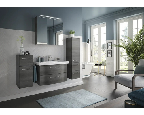 Set meubles salle de bains Pelipal Sunline 114 lxhxp 142 x 200 x 46 cm couleur façade graphite structure transversale set 5 pièces & plus av. vasque en céramique blanc & meuble sous vasque armoire de toilette avec éclairage LED meuble bas armoire murale