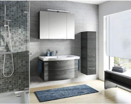 Set meubles de salle de bains Pelipal Sunline 114 lxhxp 128 x 200 x 51,5 cm couleur de façade graphite structure transversale set meubles 4 pièces avec vasque en céramique blanc et meuble sous vasque armoire de toilette avec éclairage LED armoire murale