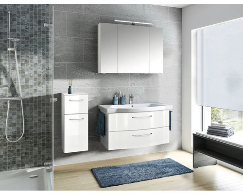 Set de meubles de salle de bains Pelipal Sunline 114 lxhxp 128 x 200 x 51,5 cm couleur de façade blanc haute brillance set de meubles 4 pièces vasque en céramique blanc et meuble sous vasque armoire de toilette avec éclairage LED meuble bas