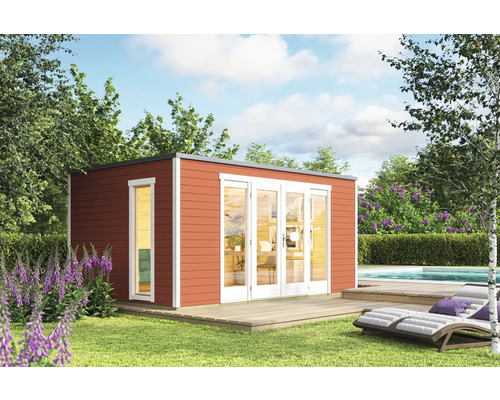 Abri de jardin Outdoor Life Palermo 2 avec plancher 450 x 302,5 cm rouge de Falun Maison de jardin moderne en bois avec terrasse dans le jardin