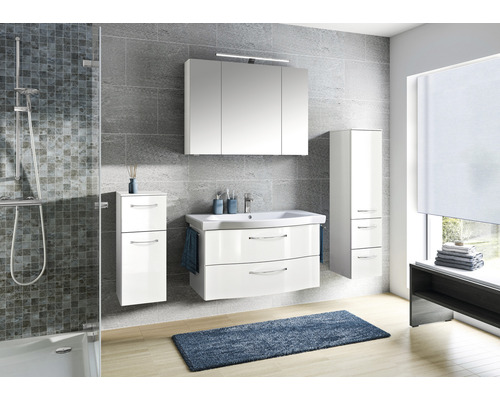 Set meubles salle de bains Pelipal Sunline 114 lxhxp 158 x 200 x 51,5 cm couleur façade blanc haute brillance set 5 pièces et plus avec vasque en céramique blanc et meuble sous vasque armoire de toilette avec éclairage LED meuble bas armoire murale