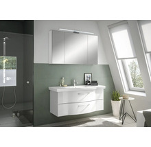 Helles Badezimmer mit Waschbeckenunterschrank, Spiegelschrank und Dusche
