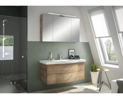 Badmöbel-Set Pelipal Sunline 114 BxHxT 122 x 200 x 51,5 cm Frontfarbe eiche riviera Badmöbelset 3-teilig mit Waschtisch Keramik weiß und Waschtischunterschrank Spiegelschrank mit LED-Beleuchtung Helles Badezimmer mit Waschtischunterschrank, Spiegelschrank und Dusche