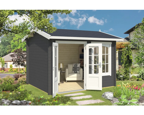 Abri de jardin Outdoor Life Alex avec plancher 340 x 308,3 cm gris carbone Abri de jardin avec portes doubles ouvertes, construction en bois dans le jardin