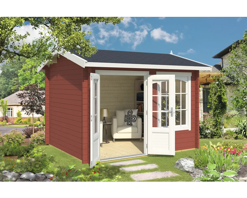 Abri de jardin Outdoor Life Alex avec plancher 340 x 308,3 cm rouge de Falun Abri de jardin en bois avec portes doubles ouvertes, mobilier de jardin et livres à l''intérieur