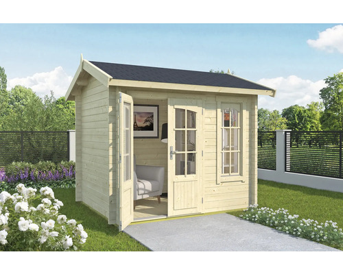 Abri de jardin en bois avec double porte ouverte et fenêtre