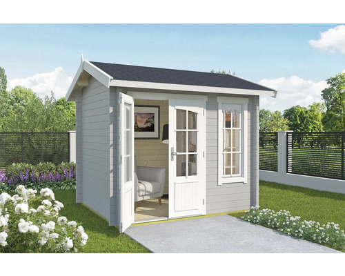 Abri de jardin Outdoor Life Alex Mini avec plancher 290 x 254,1 cm gris clair Abri de jardin en bois avec double porte ouverte et fenêtre dans le jardin